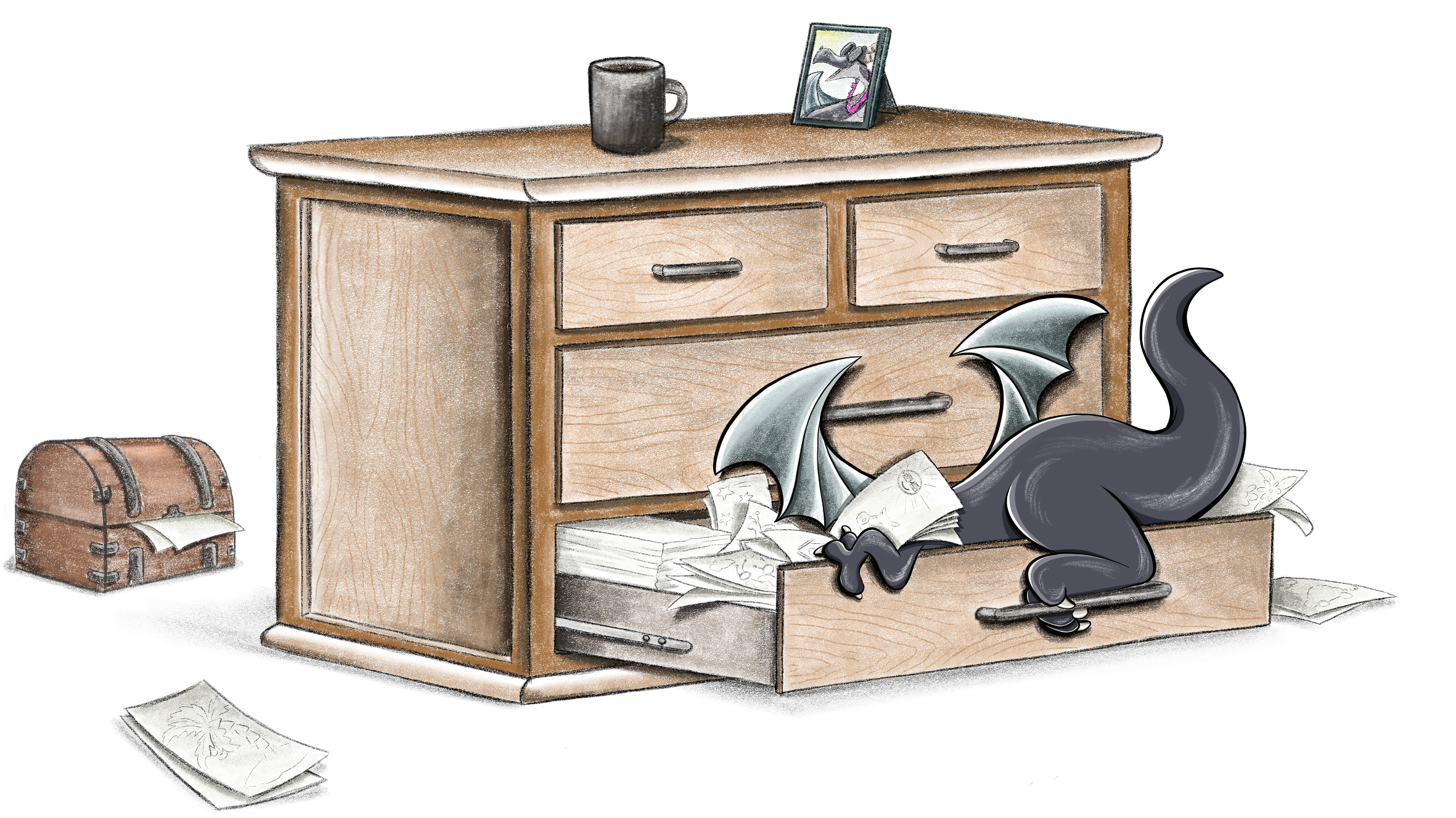 Sina-Cyliax_Illustration-Schatzkiste-Drache-Leevi-wühlt-in-Schublade-Ausmalbilder